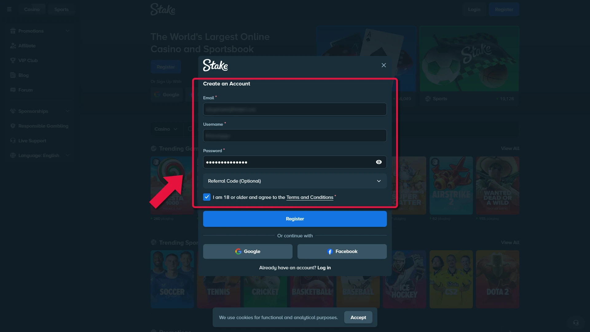 Stake registration screen in the tennis guide