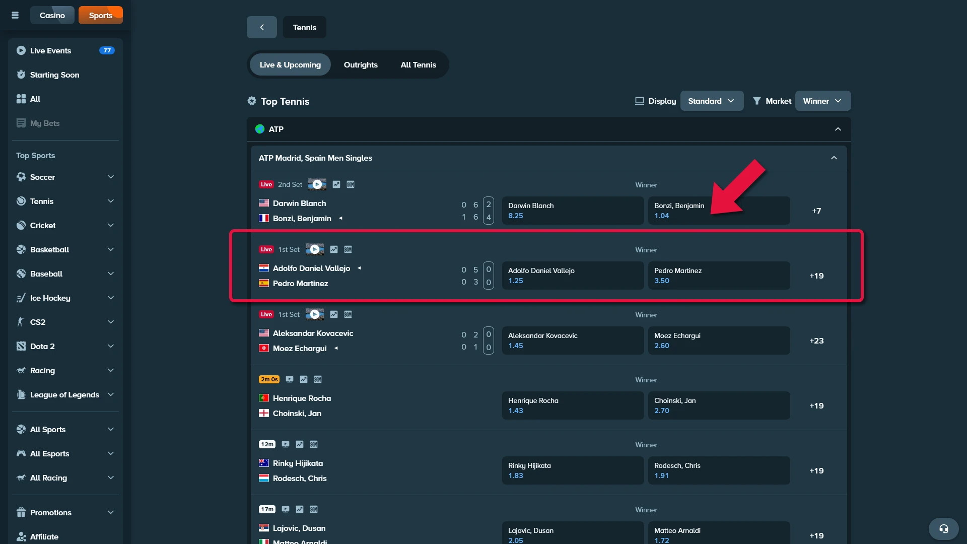 Tennis match selection on Stake